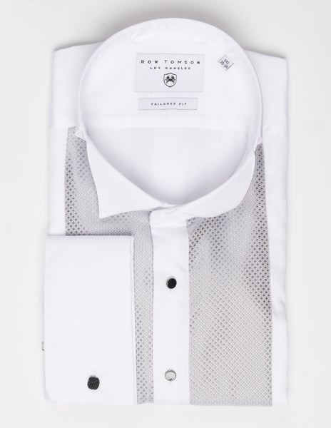 Pleated Wing Tip Collar Tuxedo Shirt- White – dolce MODA