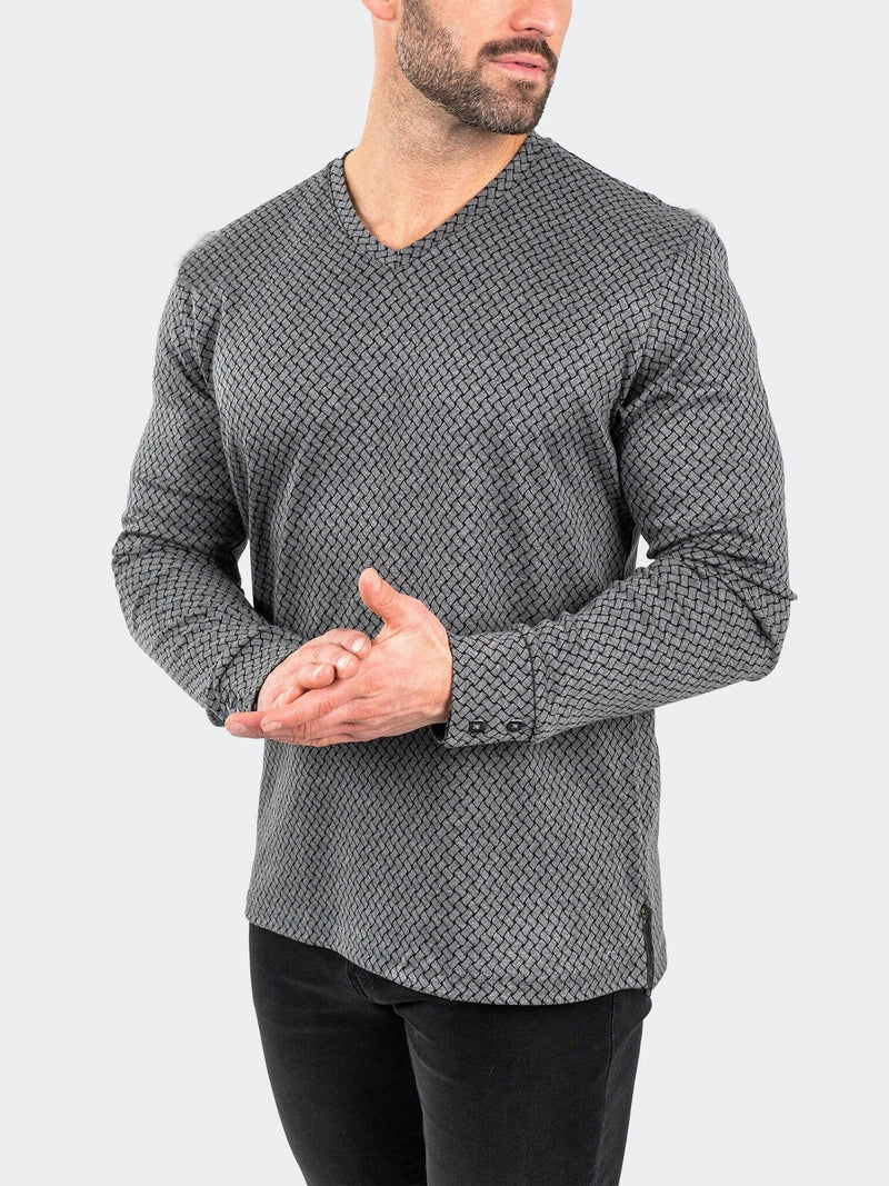 Printed V-Neck Knit Long Sleeve - Grey