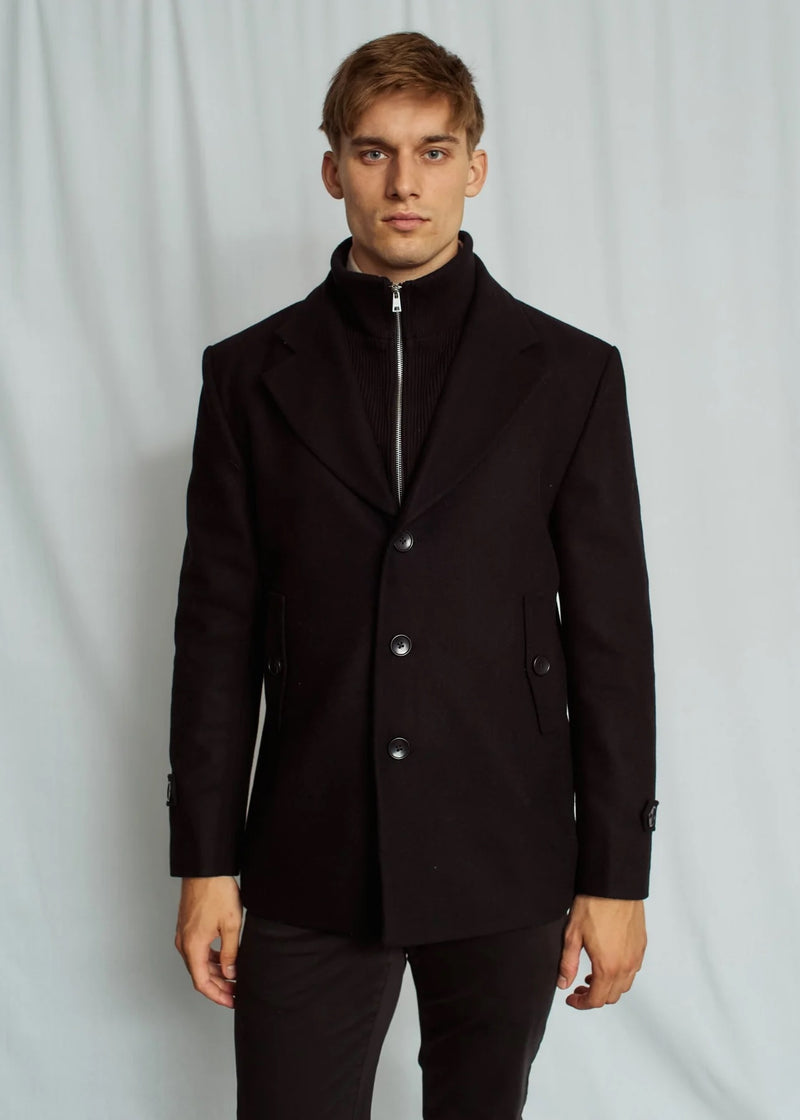 Stand Collar Insert Coat - Black