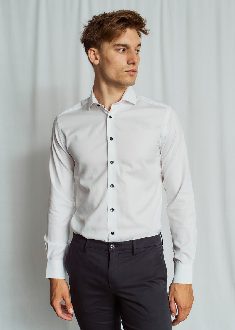 Slim Fit | Solid Textured Long Sleeve Shirt with Navy Buttons - White