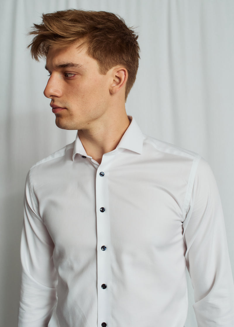 Slim Fit | Solid Textured Long Sleeve Shirt with Navy Buttons - White