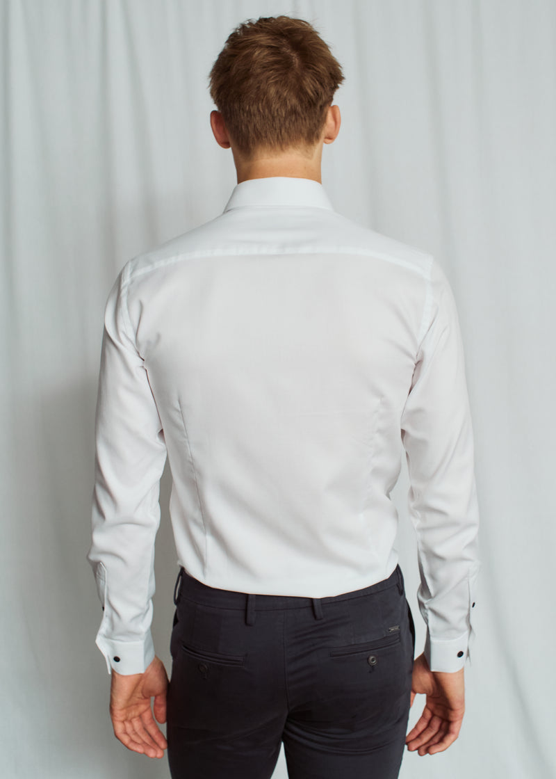 Slim Fit | Solid Textured Long Sleeve Shirt with Navy Buttons - White