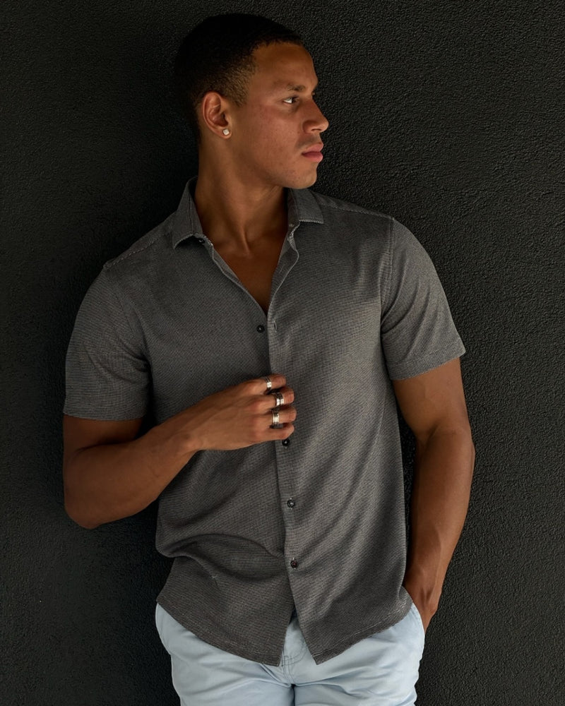 2-Tone Pique Short Sleeve Shirt - Black