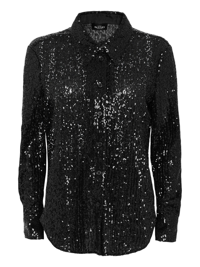 Pointed Collar Sequin Blouse - Black