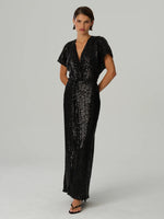 Gather Sequin Long Dress - Black