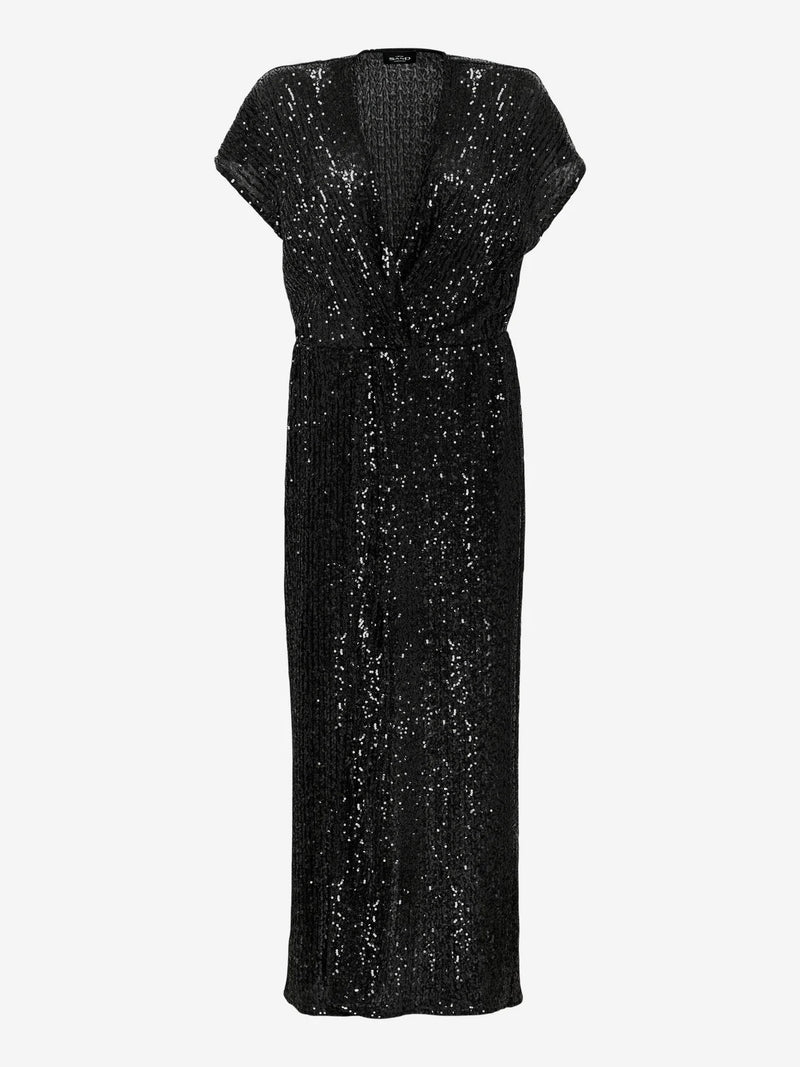 Gather Sequin Long Dress - Black