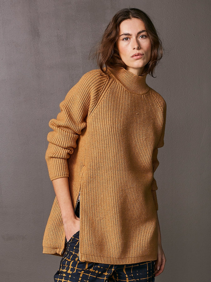 Venja Ribbed Mock Neck Sweater with Zipper - Sand