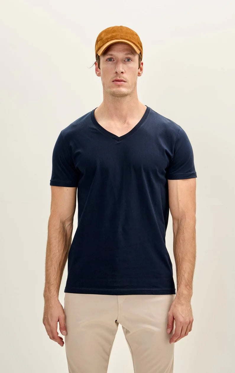 V-Neck Cotton T-Shirt - Navy