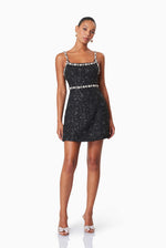 Embellished Tweed Mini Party Dress - Black