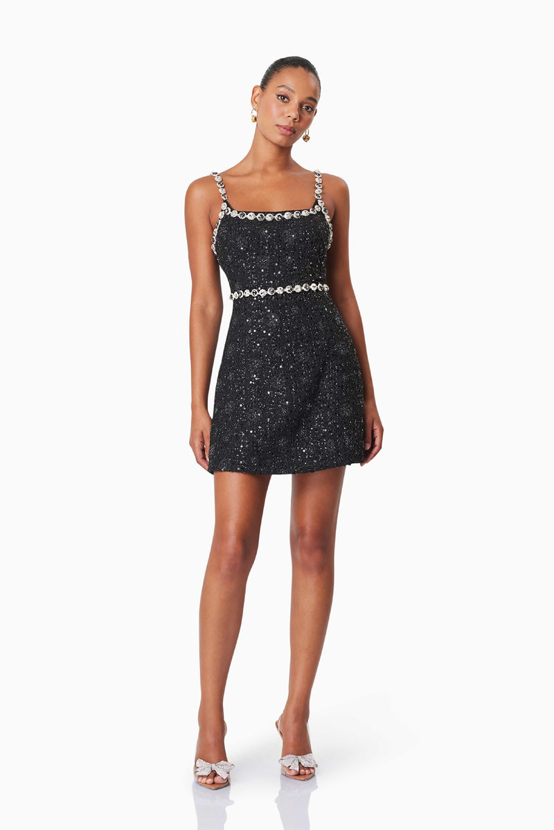 Embellished Tweed Mini Party Dress - Black