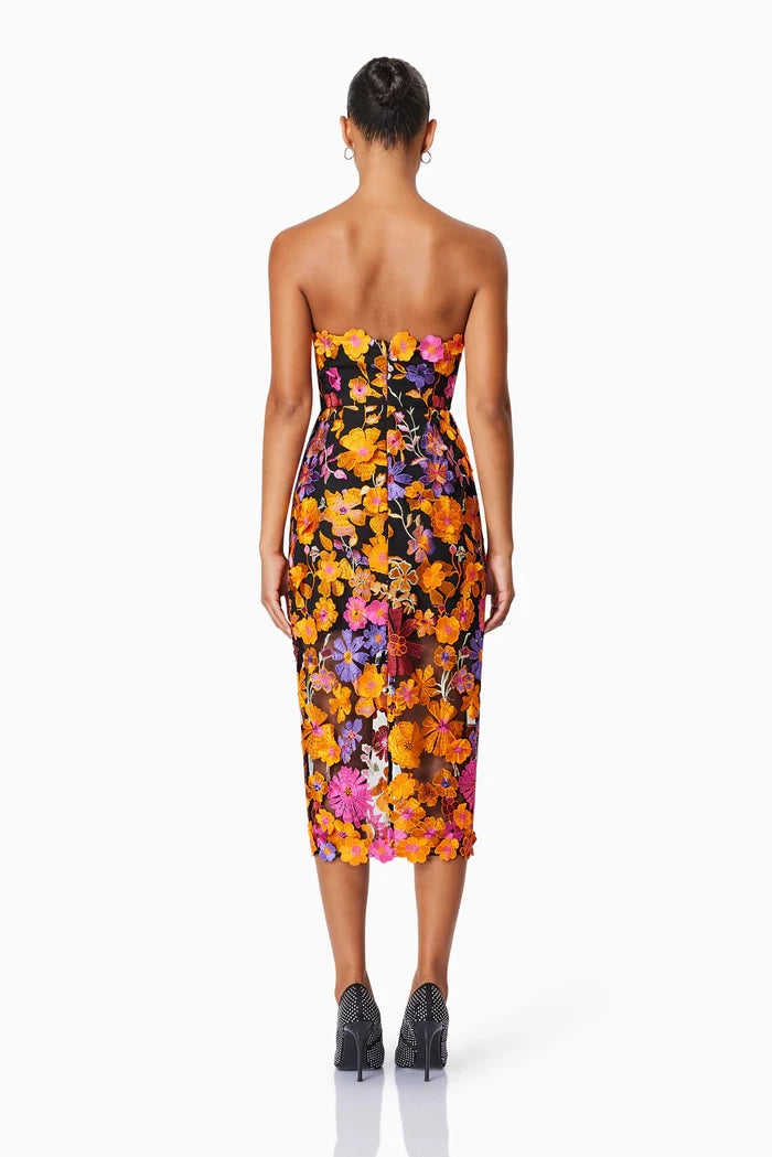 3D Floral Strapless Midi Dress - Orange Multi