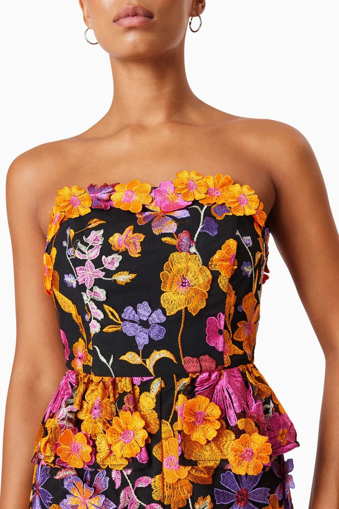 3D Floral Strapless Midi Dress - Orange Multi