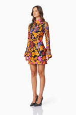 3D Floral Mini Dress with Fluted Sleeves - Orange Multi