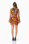 3D Floral Mini Dress with Fluted Sleeves - Orange Multi