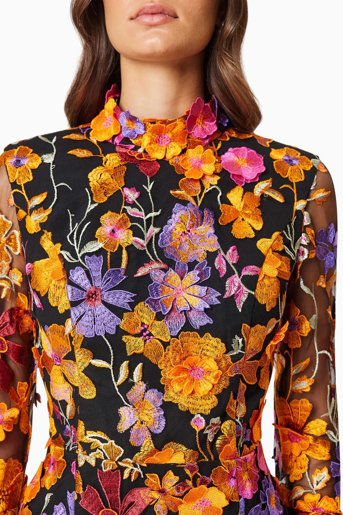 3D Floral Mini Dress with Fluted Sleeves - Orange Multi