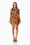 3D Floral Mini Dress with Fluted Sleeves - Orange Multi