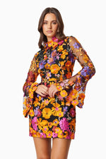 3D Floral Mini Dress with Fluted Sleeves - Orange Multi