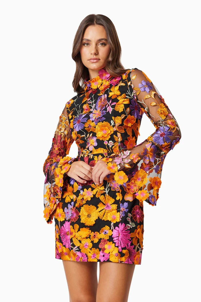 3D Floral Mini Dress with Fluted Sleeves - Orange Multi