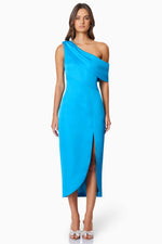 Satin Off Shoulder Cocktail Dress - Aqua Blue