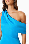 Satin Off Shoulder Cocktail Dress - Aqua Blue