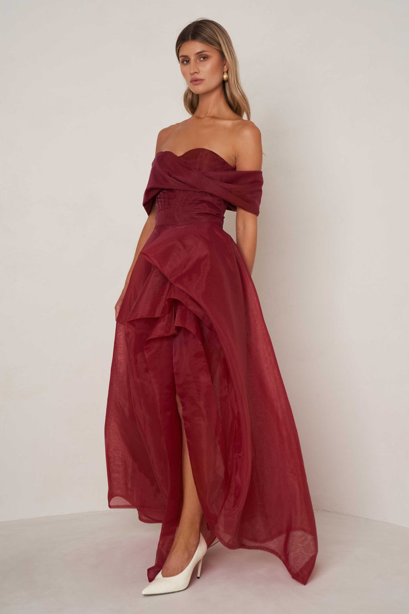 Off Shoulder Organza Gown - Cranberry