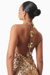 Sequin Party Mini Dress with Back Floral Detail - Gold