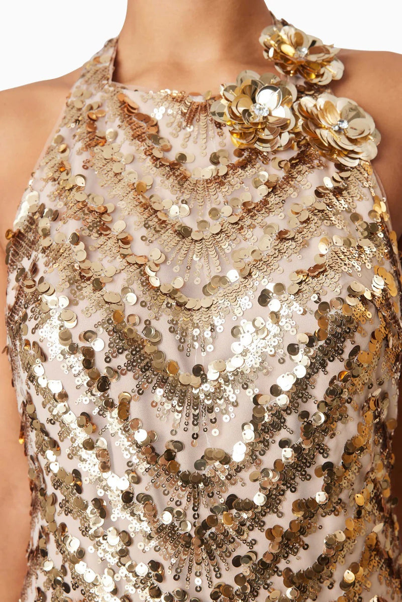 Sequin Party Mini Dress with Back Floral Detail - Gold