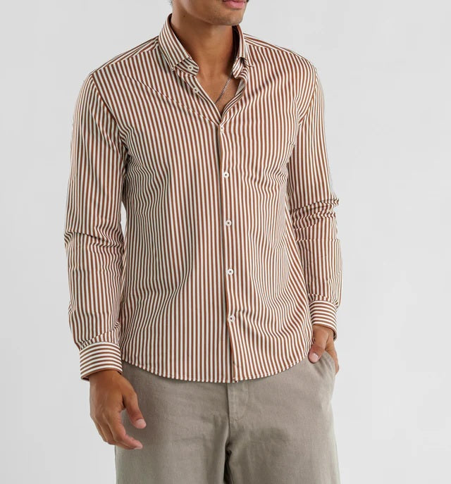 Techno Stretch Striped Long Sleeve Shirt - Tan