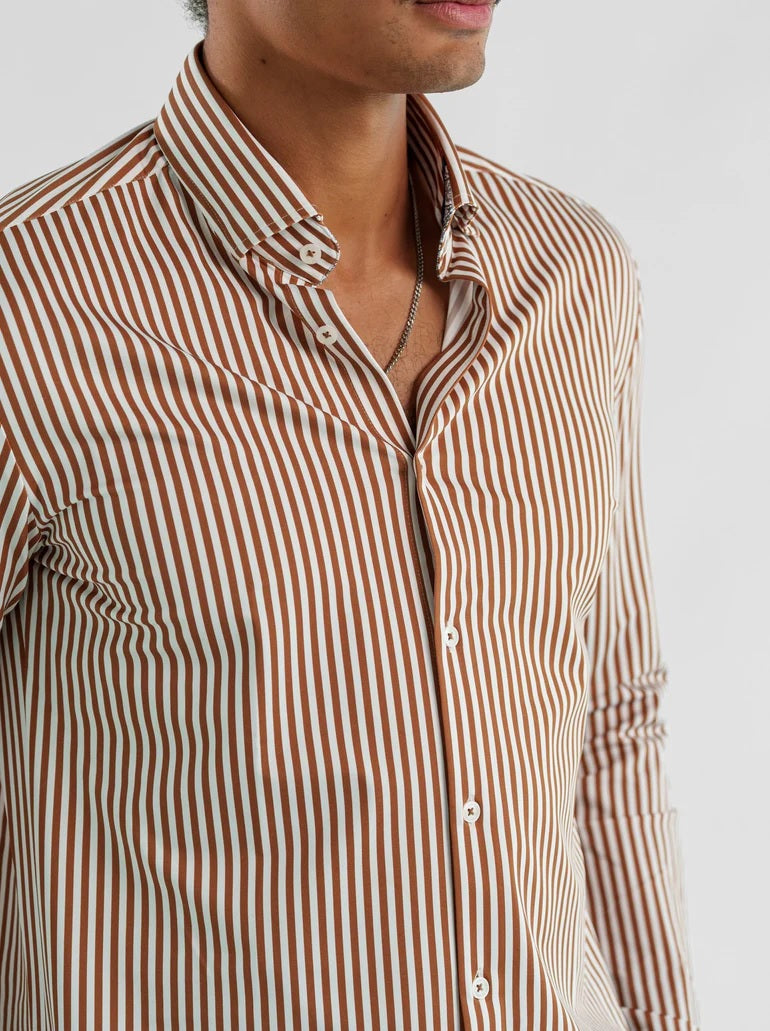 Techno Stretch Striped Long Sleeve Shirt - Tan