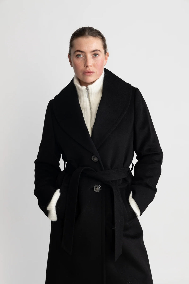 Belted Cashmere Coat with Wide Lapel - Black