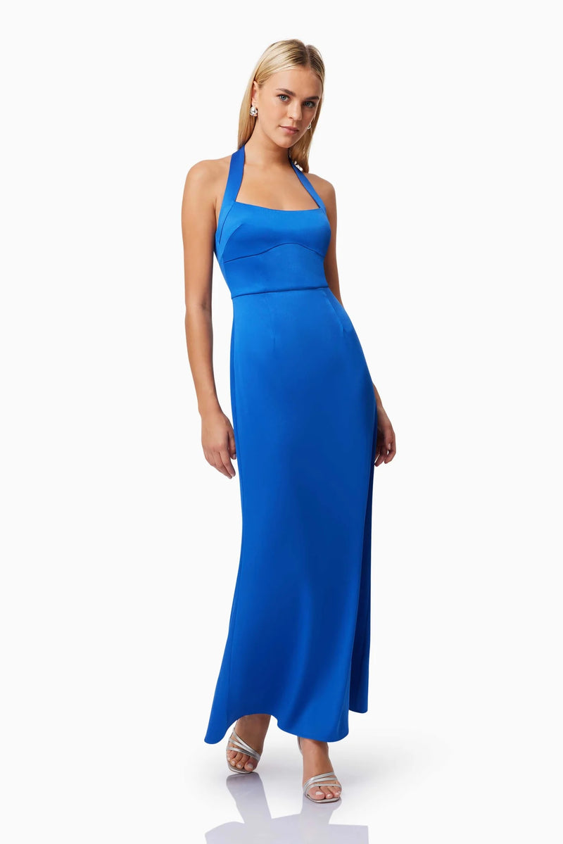 Sculpted Bodice Halter Gown - Cobalt