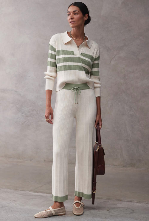 Knit Cotton Pants with Contrast Waist & Hem - Pistachio