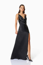 Drape Neck Satin Maxi Dress - Black