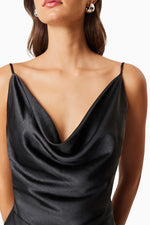 Drape Neck Satin Maxi Dress - Black