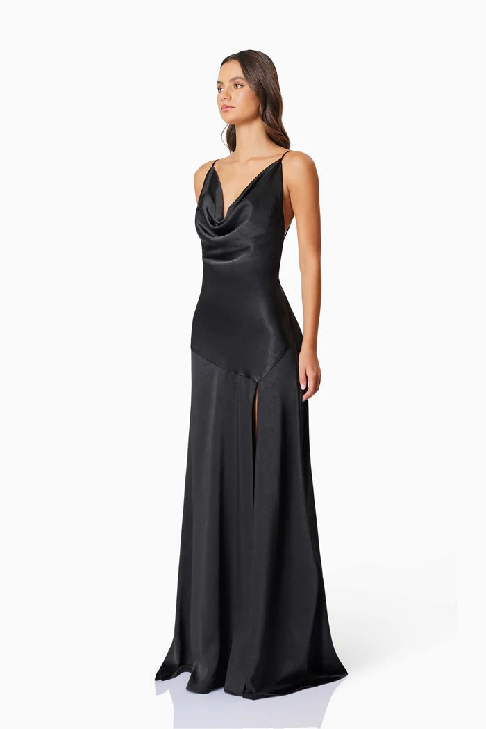 Drape Neck Satin Maxi Dress - Black