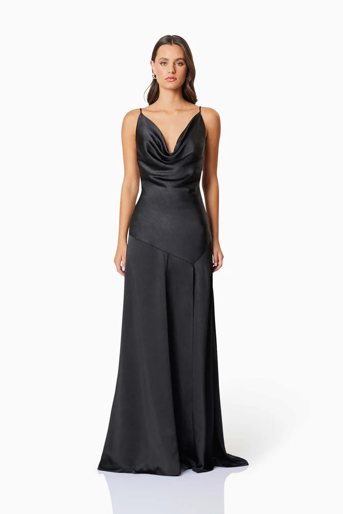 Drape Neck Satin Maxi Dress - Black