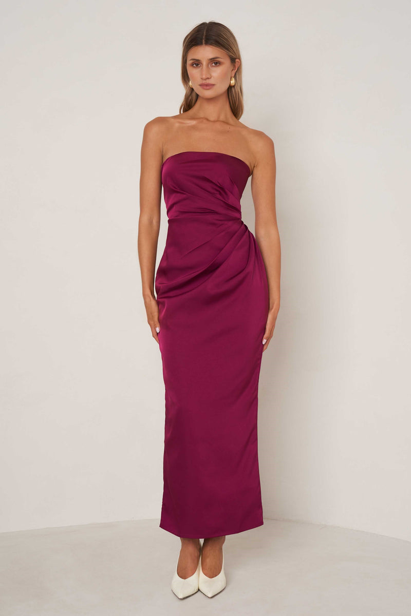 Strapless Satin Ruched Gown - Plum