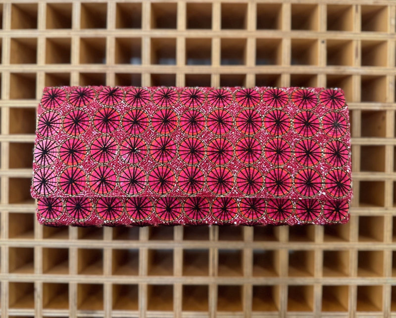 Handcrafted Beaded Leather Clutch with Chain - Fuchsia