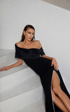 Pearl Trim Off Shoulder Gown - Black