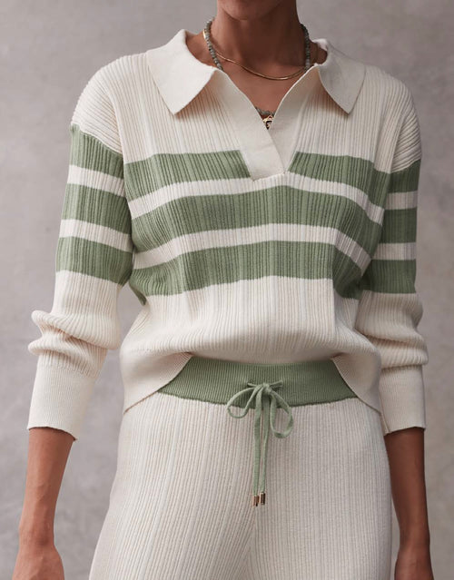 Striped Polo Collar Top - Pistachio