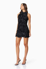 Textured Floral Mini Dress - Black