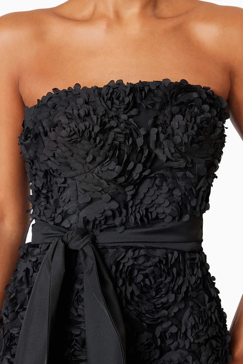 Textured Floral Strapless Hi Lo Gown - Black