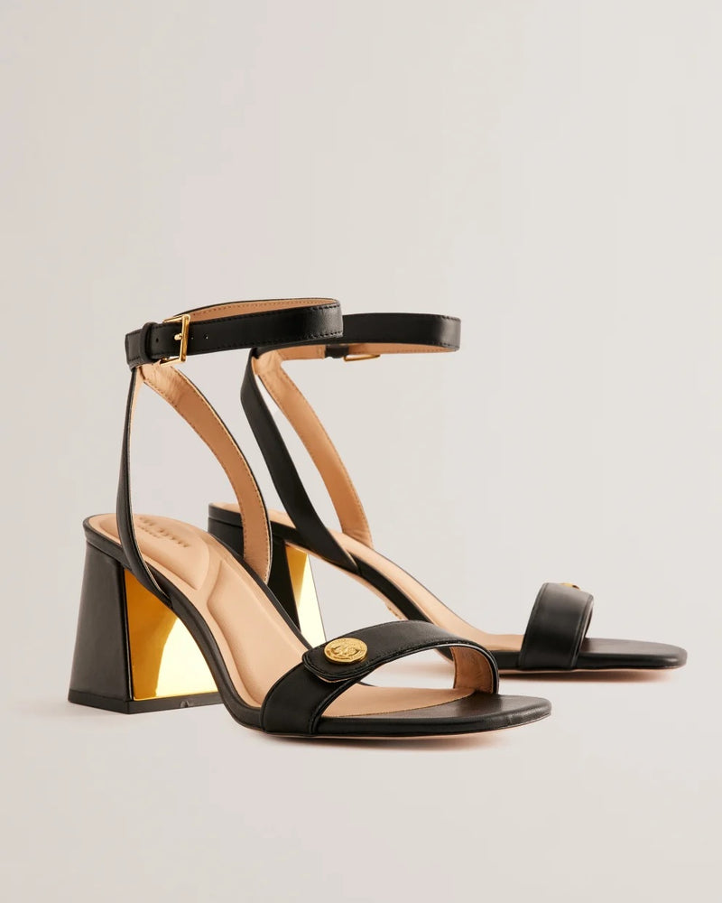 Block Heel Leather Sandals - Black