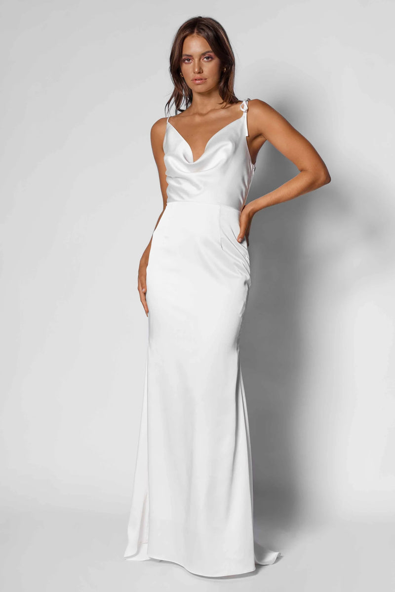 Satin Drape Gown with Diamond Back - Pearl