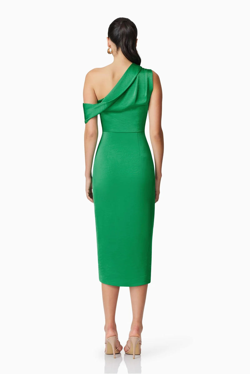 Single Shoulder Satin Ruched Midi - Green