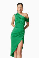 Single Shoulder Satin Ruched Midi - Green