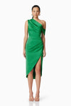 Single Shoulder Satin Ruched Midi - Green