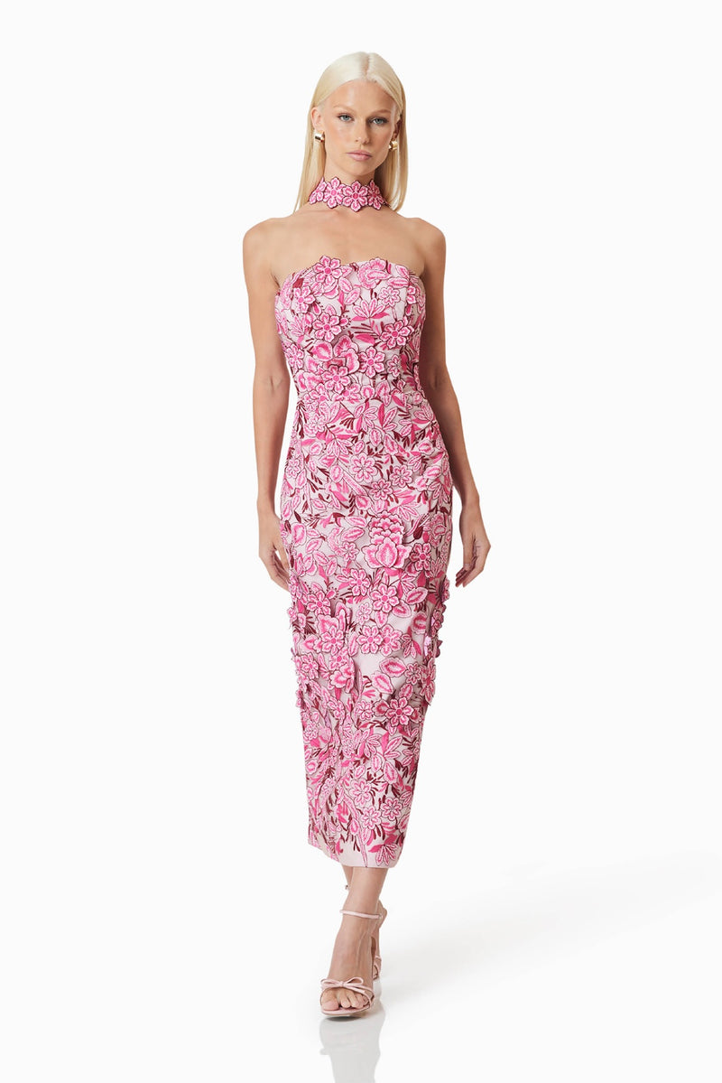 3D Floral Lace Cocktail Dress - Pink