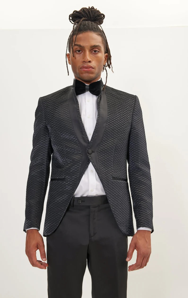 Textured Mandarin Collar Tuxedo with Satin Trim - Black