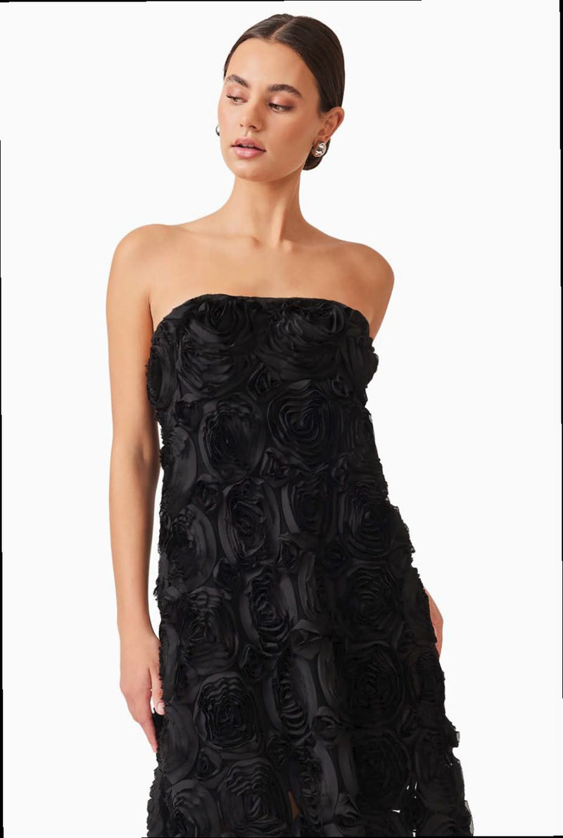 Textured Floral Strapless Gown - Black